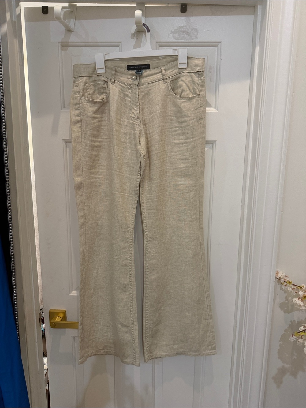 French Connection Light Cream Wide-Leg Linen Trousers
